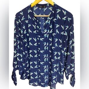 Navy Hummingbird Print V-Neck Blouse Pleated Long Sleeve Large Tie Sleeve